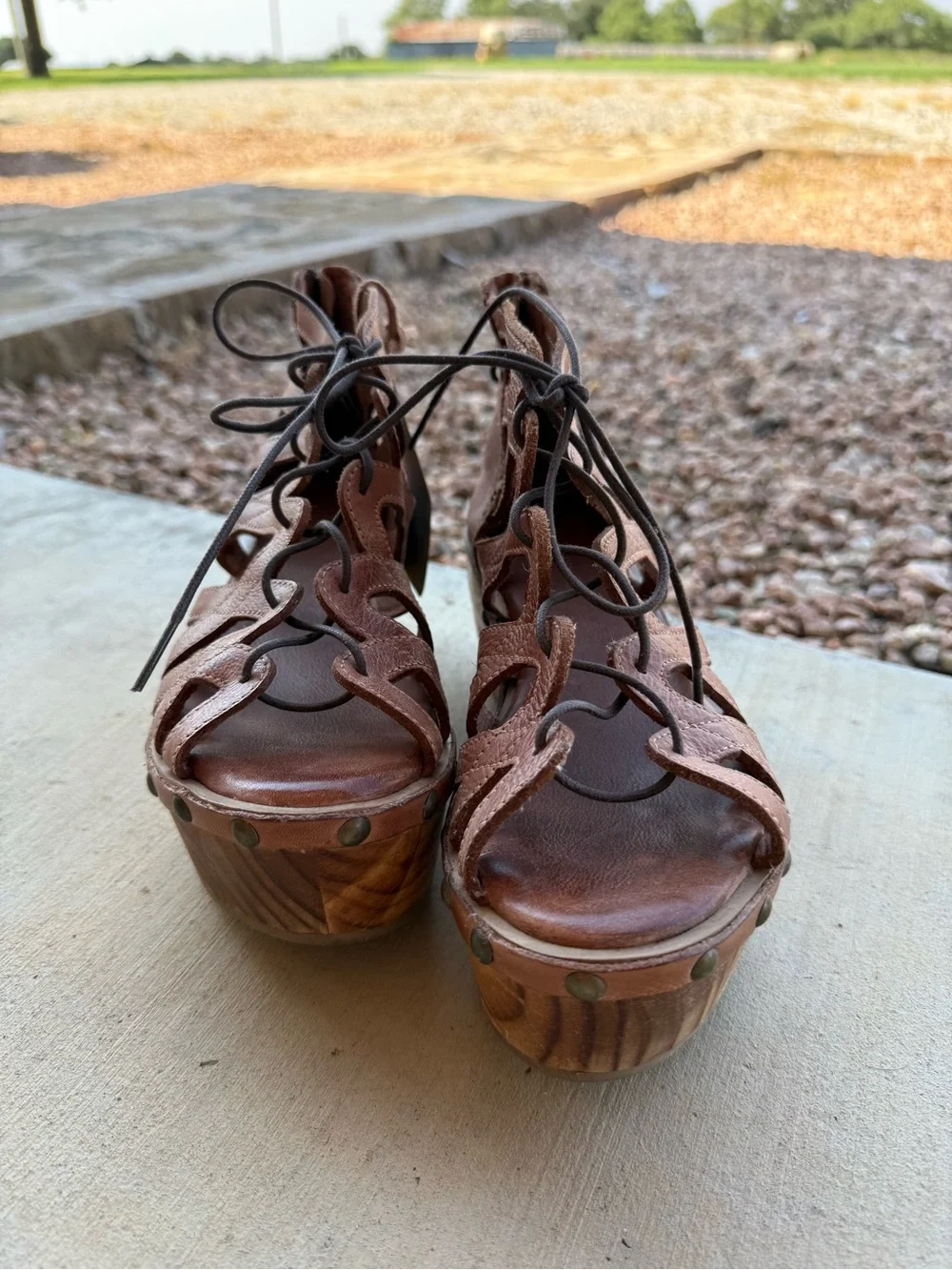 BedStu Brown Leather Lace-Up Wedge Sandals